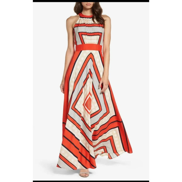 Eliza J Poppy Geo Stripe Scarf Print Crepe de Chin Tie Back Maxi Dress Gown 4P - Picture 1 of 12
